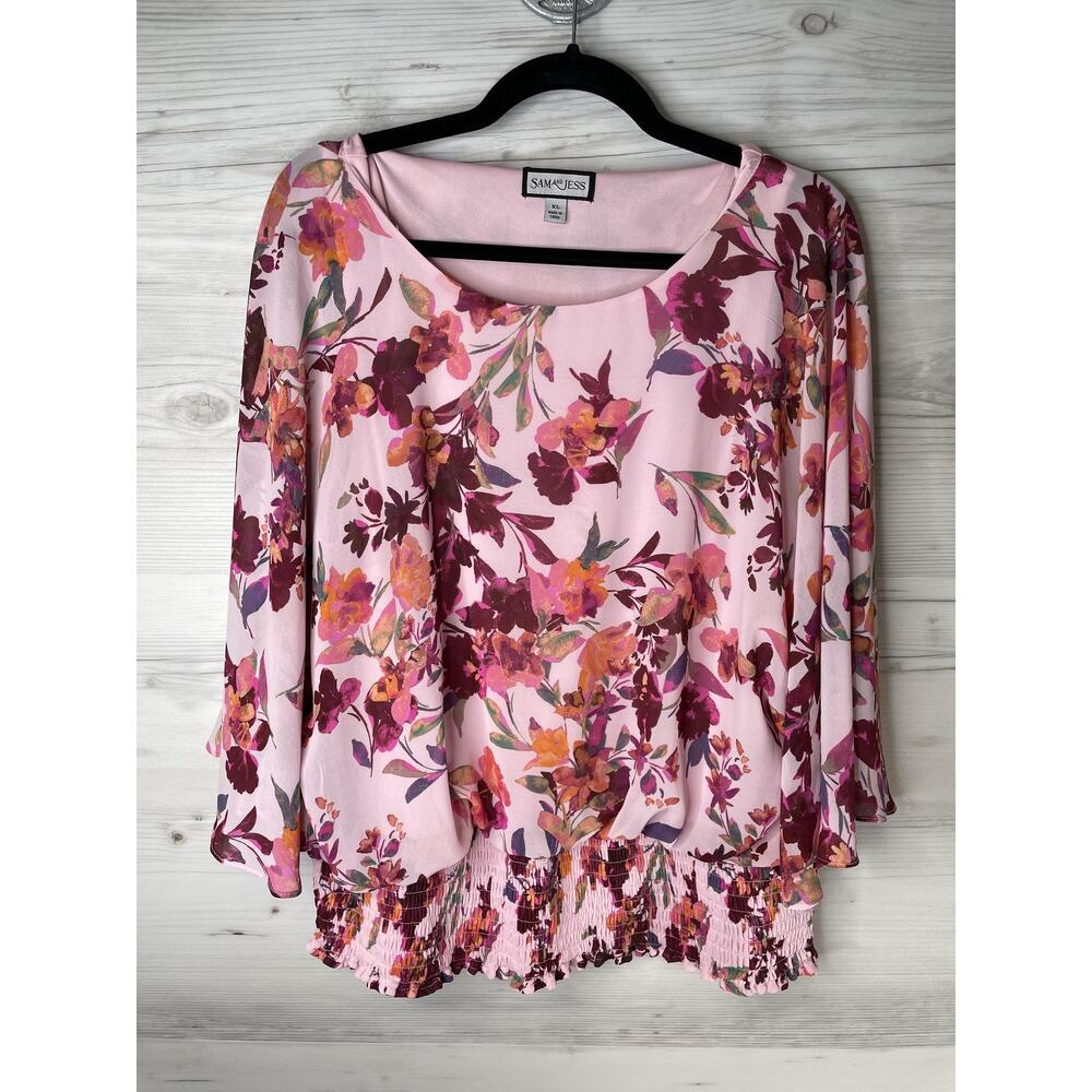 Sam and Jess Blouse Womens XL Pink Floral Sheer 3/4 Sleeve‎ Smocked Hem Boho Top